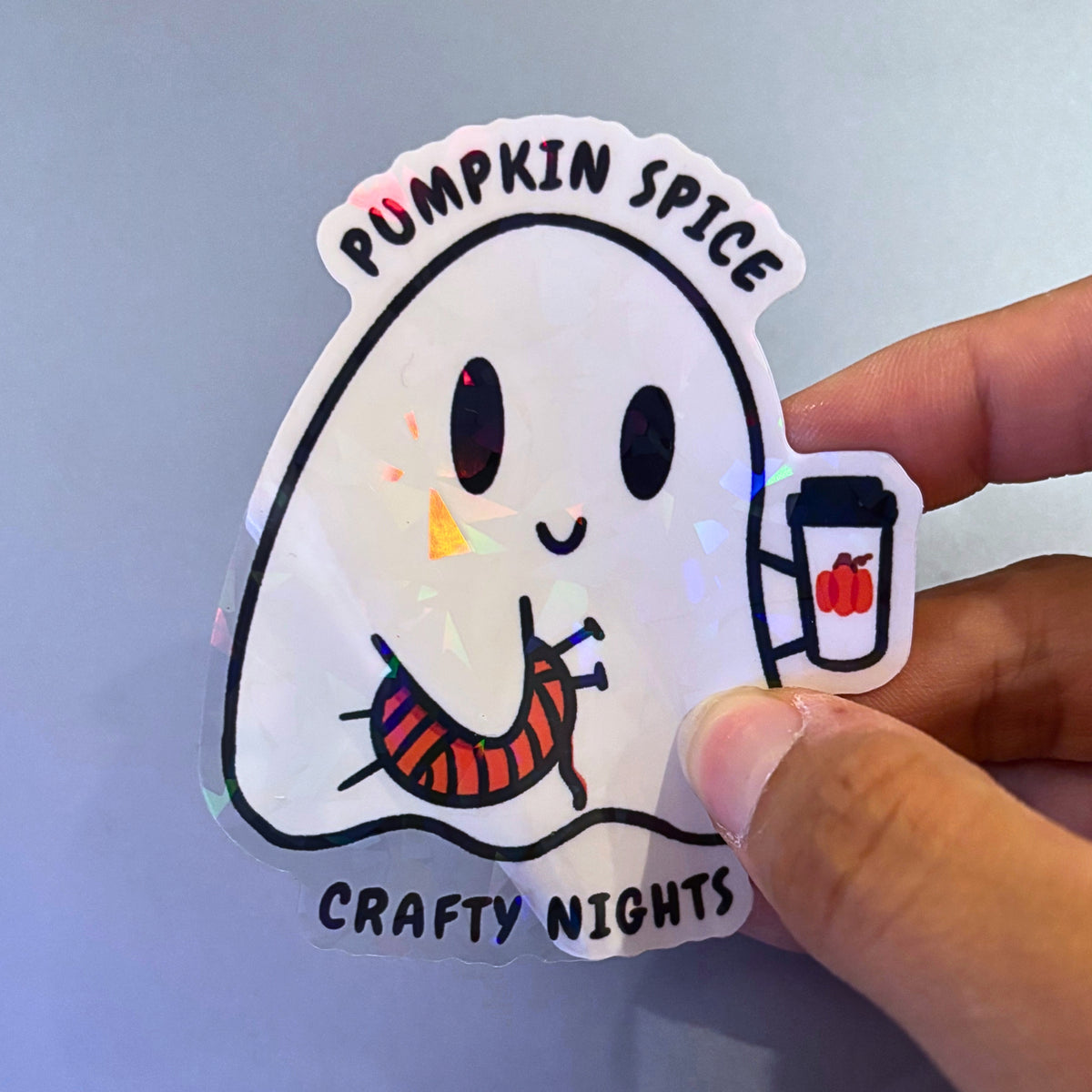 Pumpkin Spice and Crafty Nights Ghost Sticker | Holographic Transparent Halloween Craft Sticker No AI