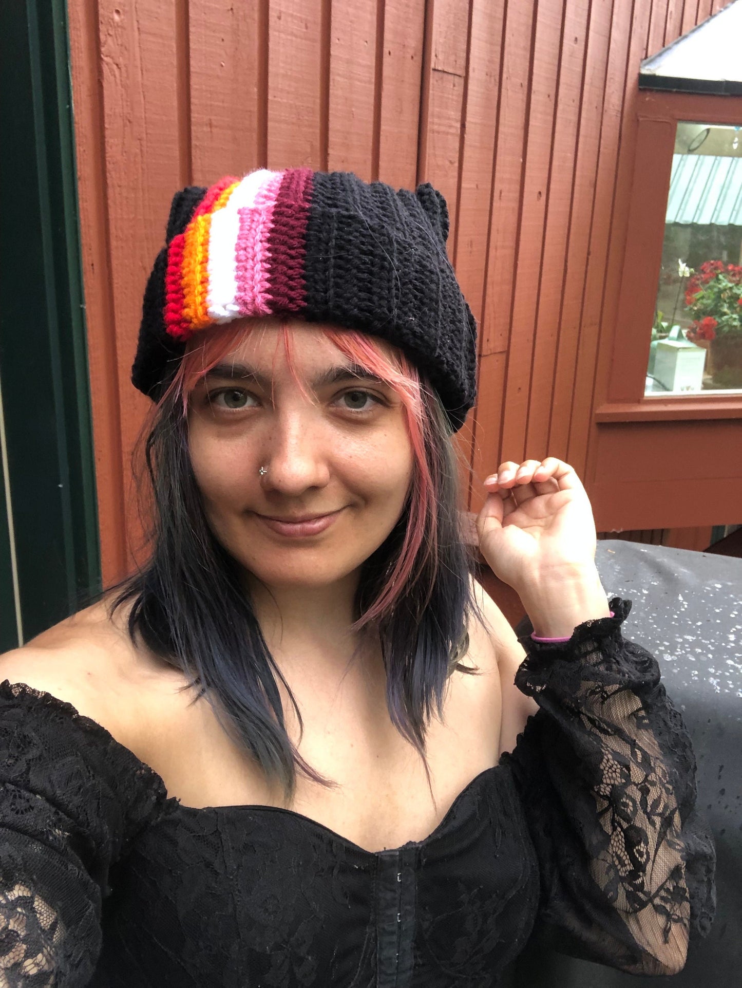 Handmade Crochet Pride Cat Ear Beanie - Customizable Pride Flag Hat
