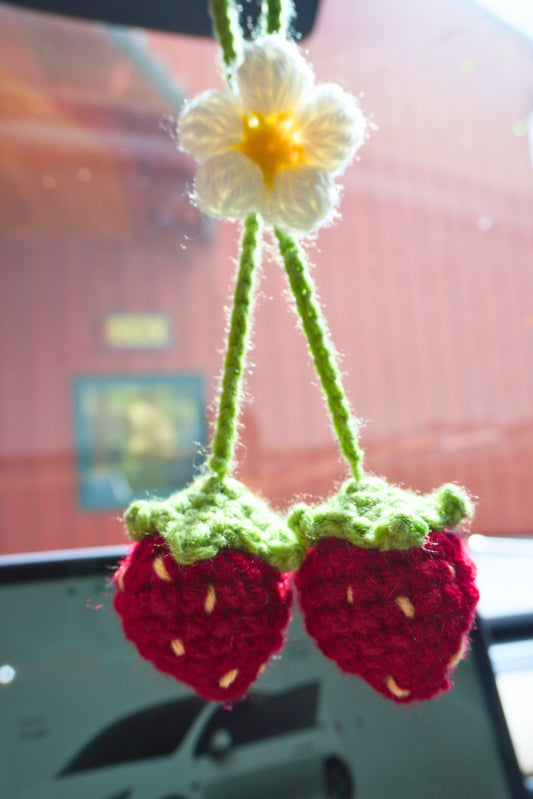 Crochet Strawberry Car Hanging - Rearview Mirror Decoration