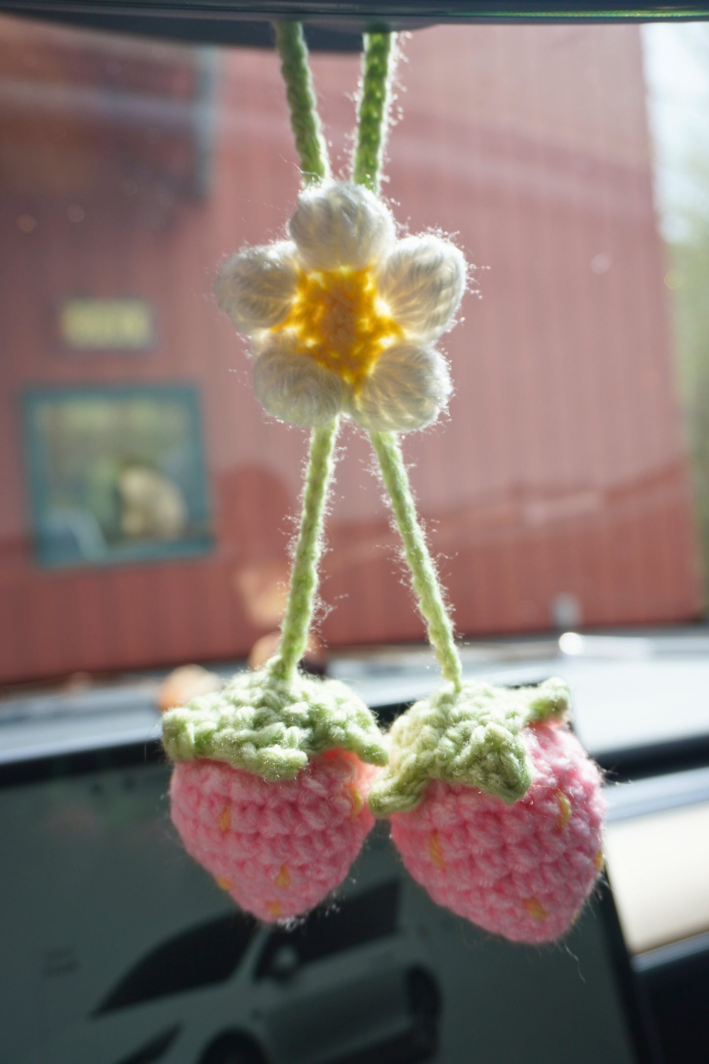 Crochet Strawberry Car Hanging - Rearview Mirror Decoration