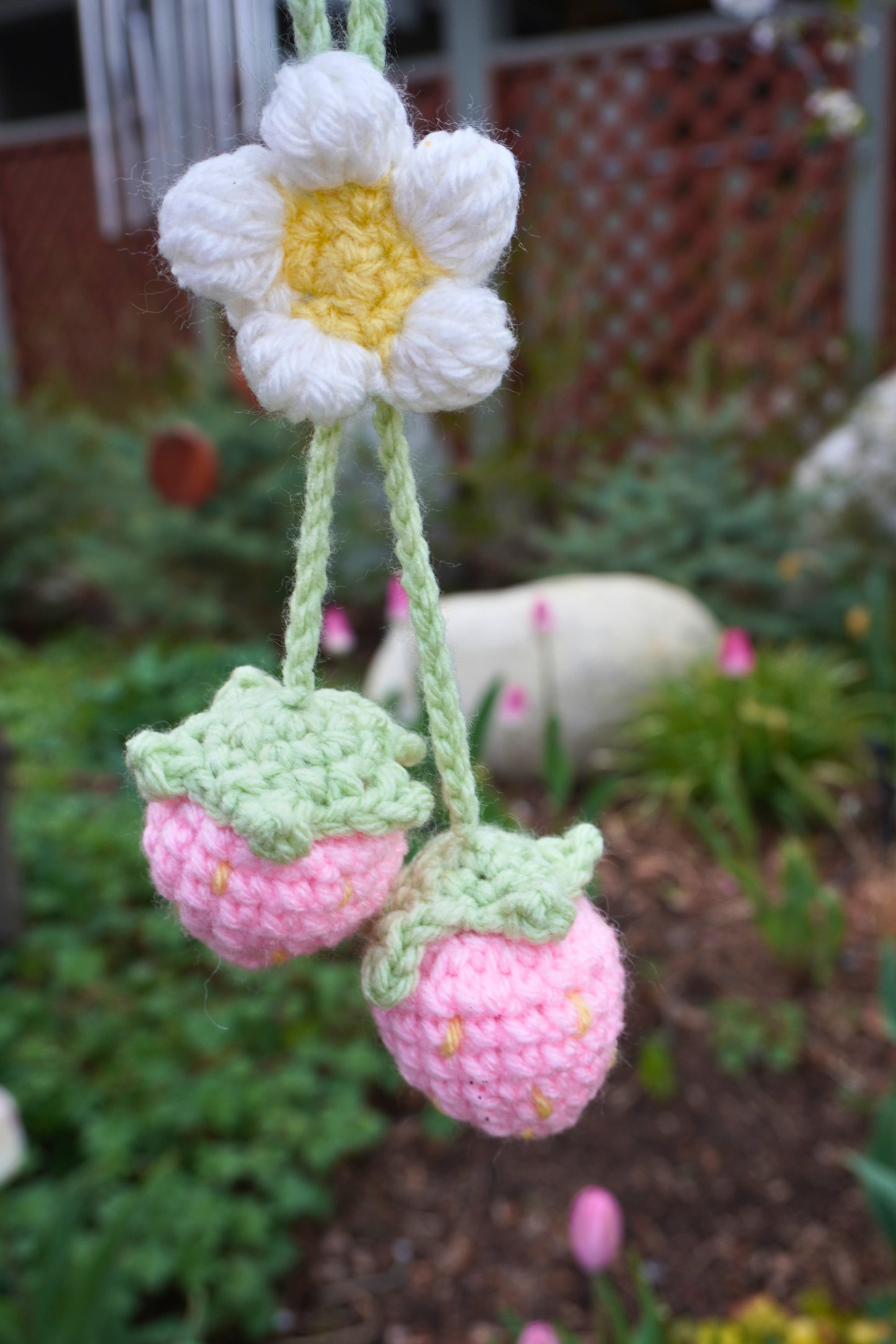 Crochet Strawberry Car Hanging - Rearview Mirror Decoration