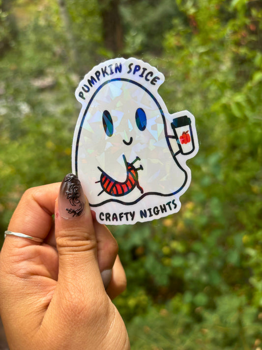 Pumpkin Spice and Crafty Nights Ghost Sticker | Holographic Transparent Halloween Craft Sticker No AI