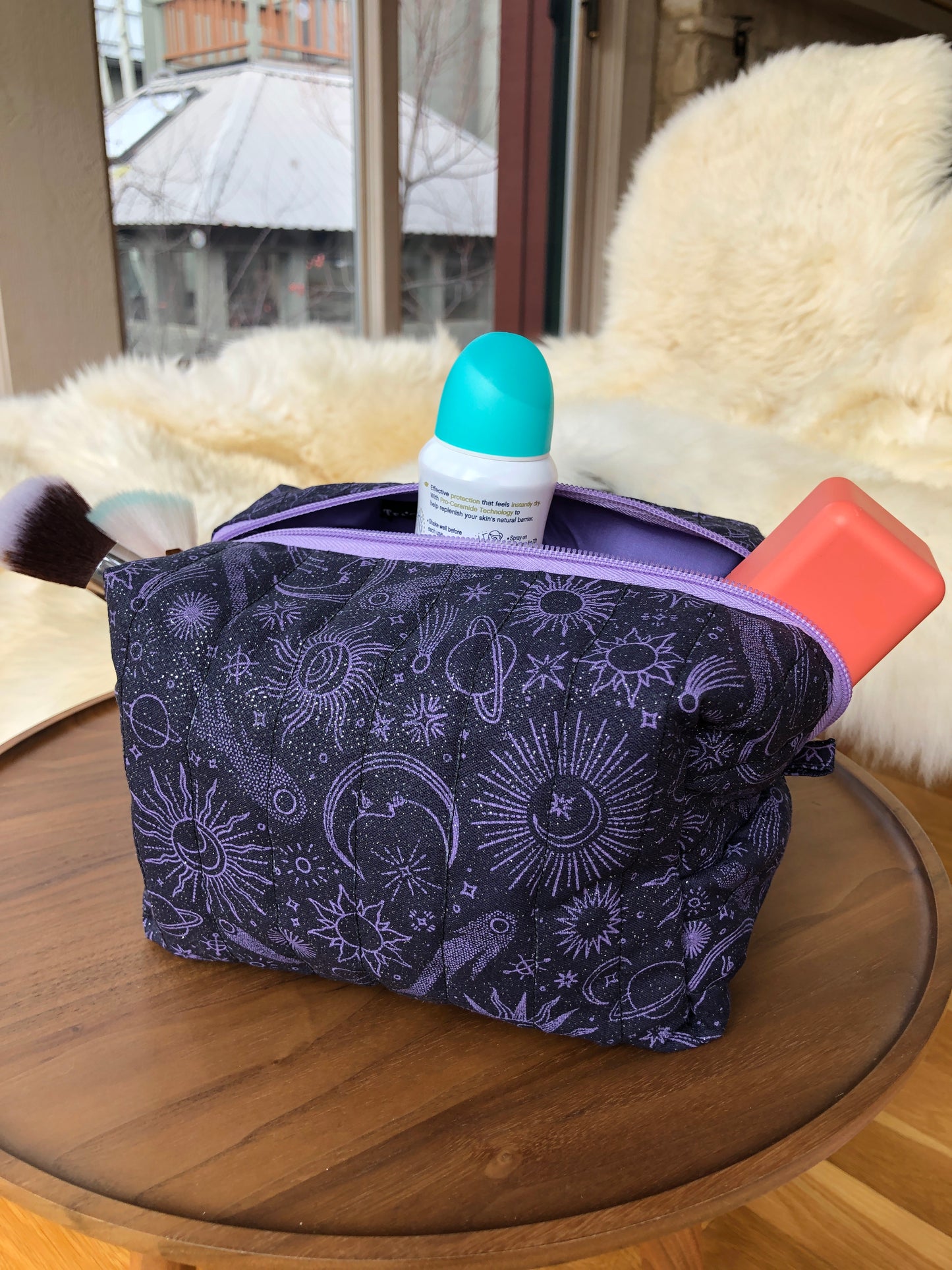 Glittery Purple and Black Quilted Makeup Bag
