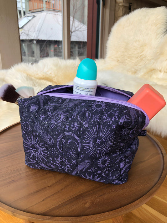 Glittery Purple and Black Quilted Makeup Bag