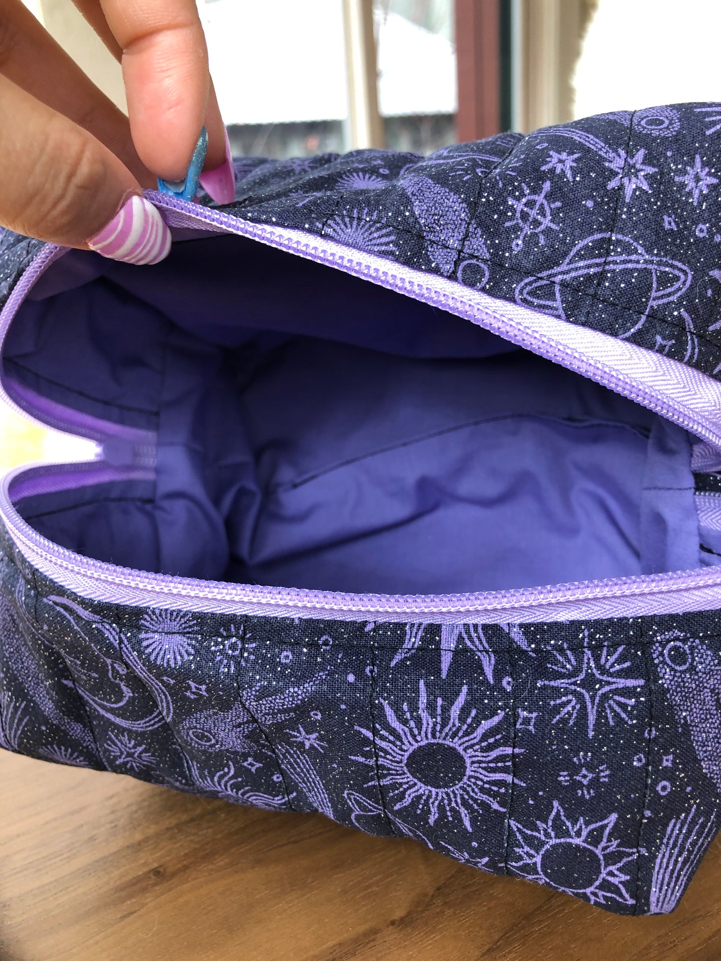 Glittery Purple and Black Quilted Makeup Bag