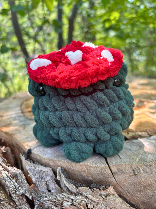 Red and White Mushroom Frog Plushie - Handmade Crochet Amanita Frog
