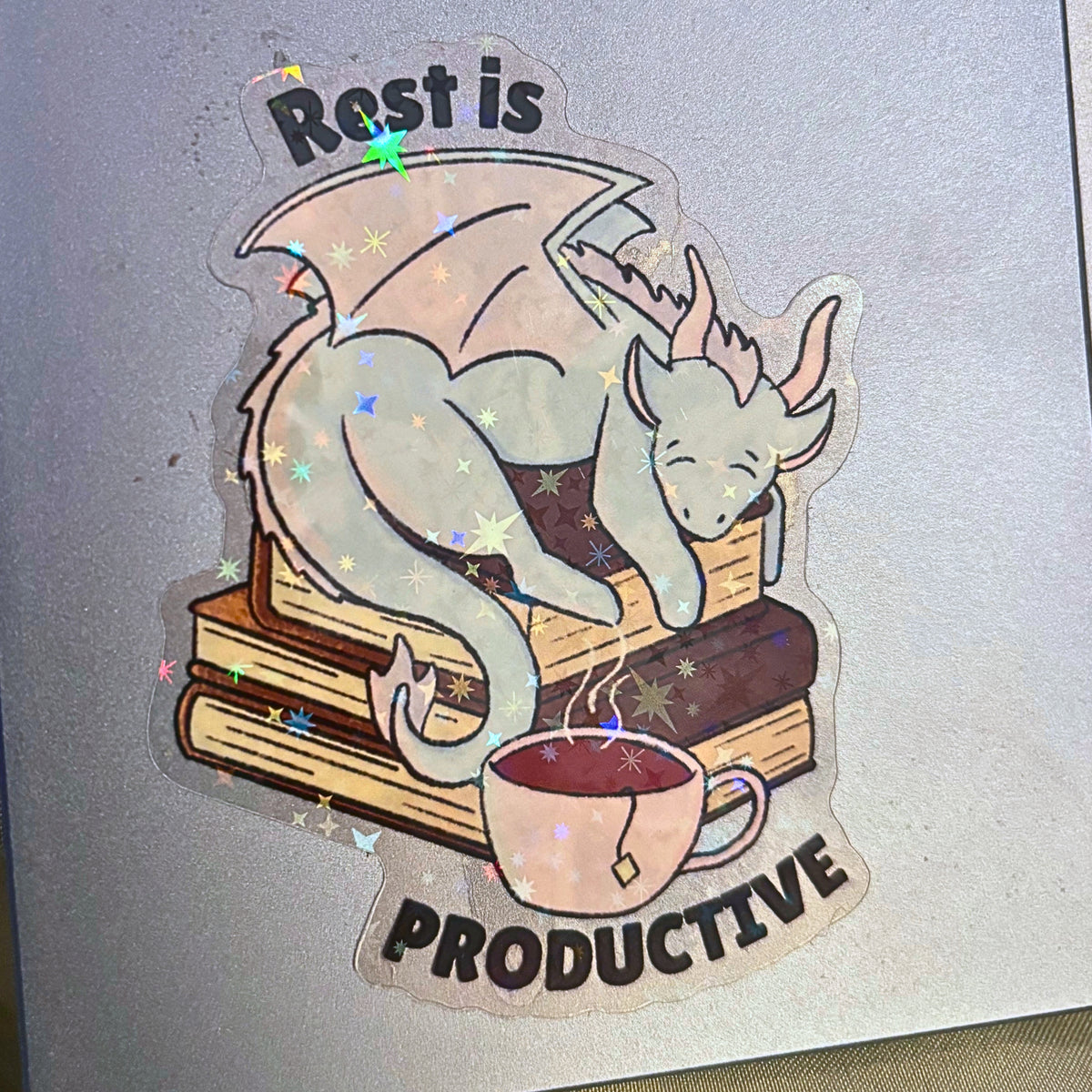Book Dragon "Rest is Productive" Holographic Transparent Vinyl Sticker