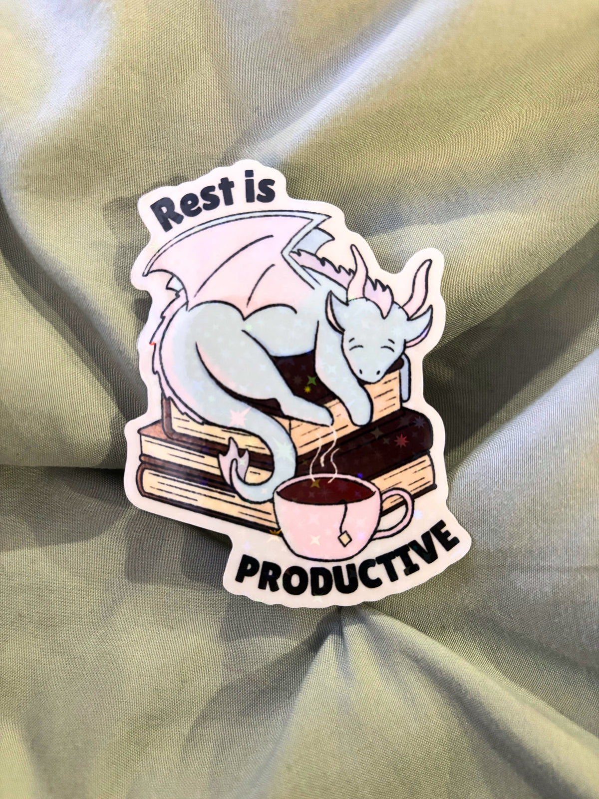 Book Dragon "Rest is Productive" Holographic Transparent Vinyl Sticker