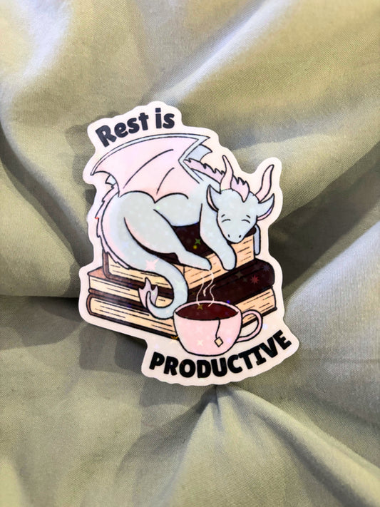 Book Dragon "Rest is Productive" Holographic Transparent Vinyl Sticker