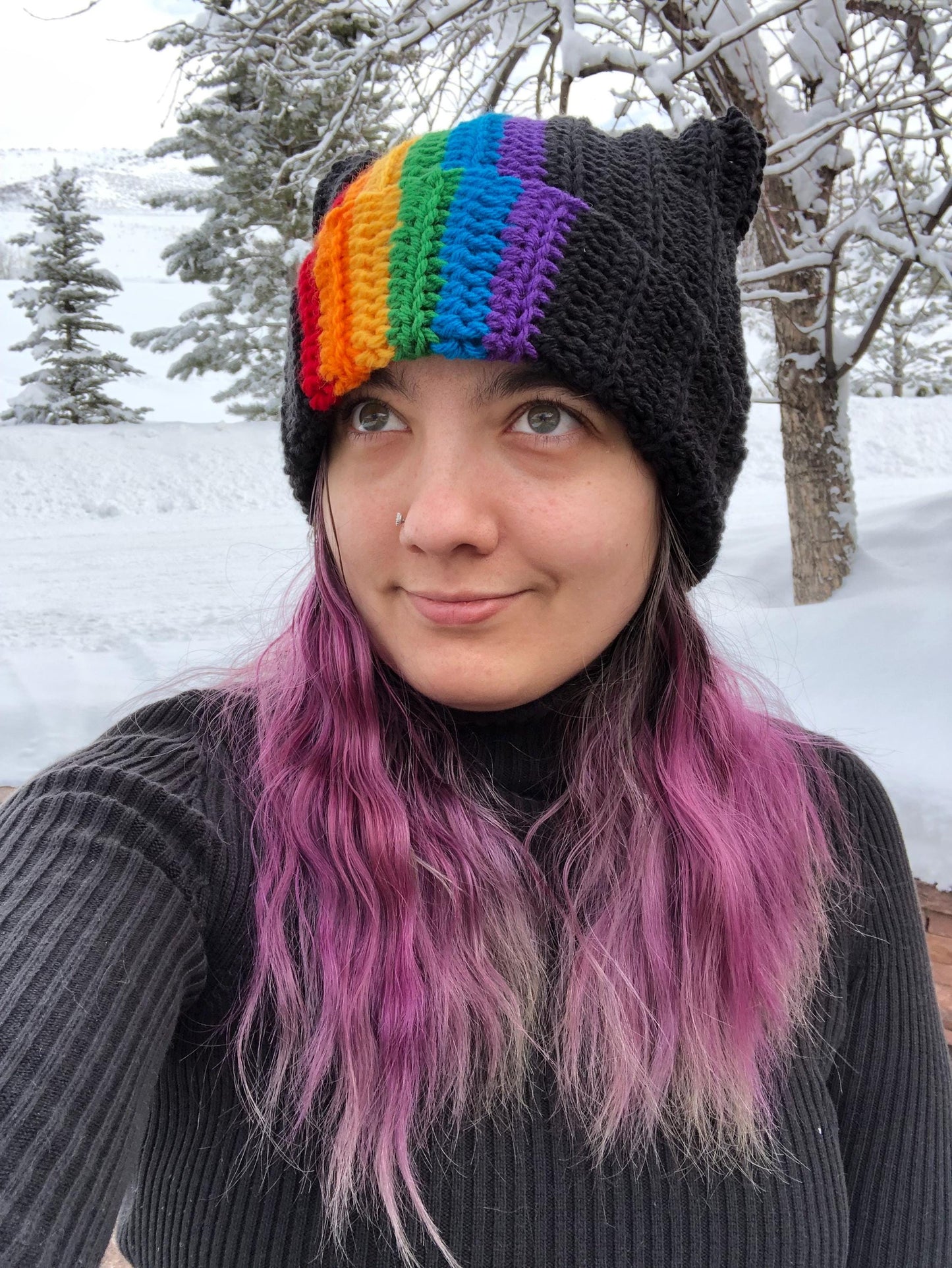 Handmade Crochet Pride Cat Ear Beanie - Customizable Pride Flag Hat