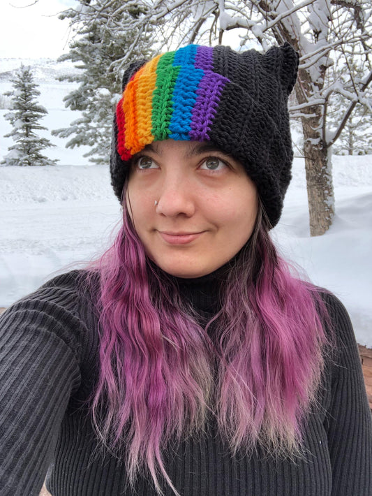 Handmade Crochet Pride Cat Ear Beanie - Customizable Pride Flag Hat